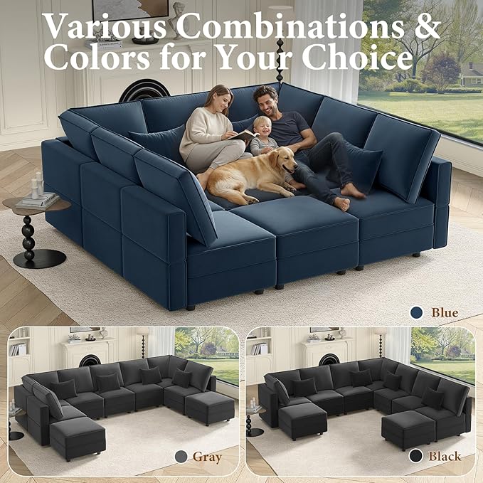 Vesgantti Modular Sofa Bed with Storage, 92" Sleeper Sofas with 9 Seats Storage Chaises Removeble Cover, Luxury Large Velvet Sectional Couch Set for Living Room, Apartment, Home Theatre, Blue