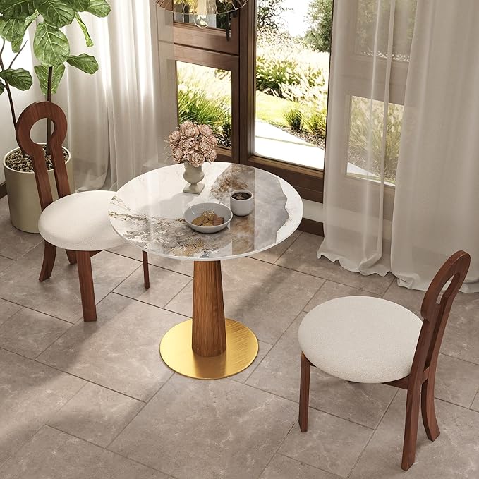 Sintered Stone Office Table and Chair Set - 33.5" Round Table for Small Offices (Light Brown Leg and Pandora Top, 1 Table and 2 Chairs)