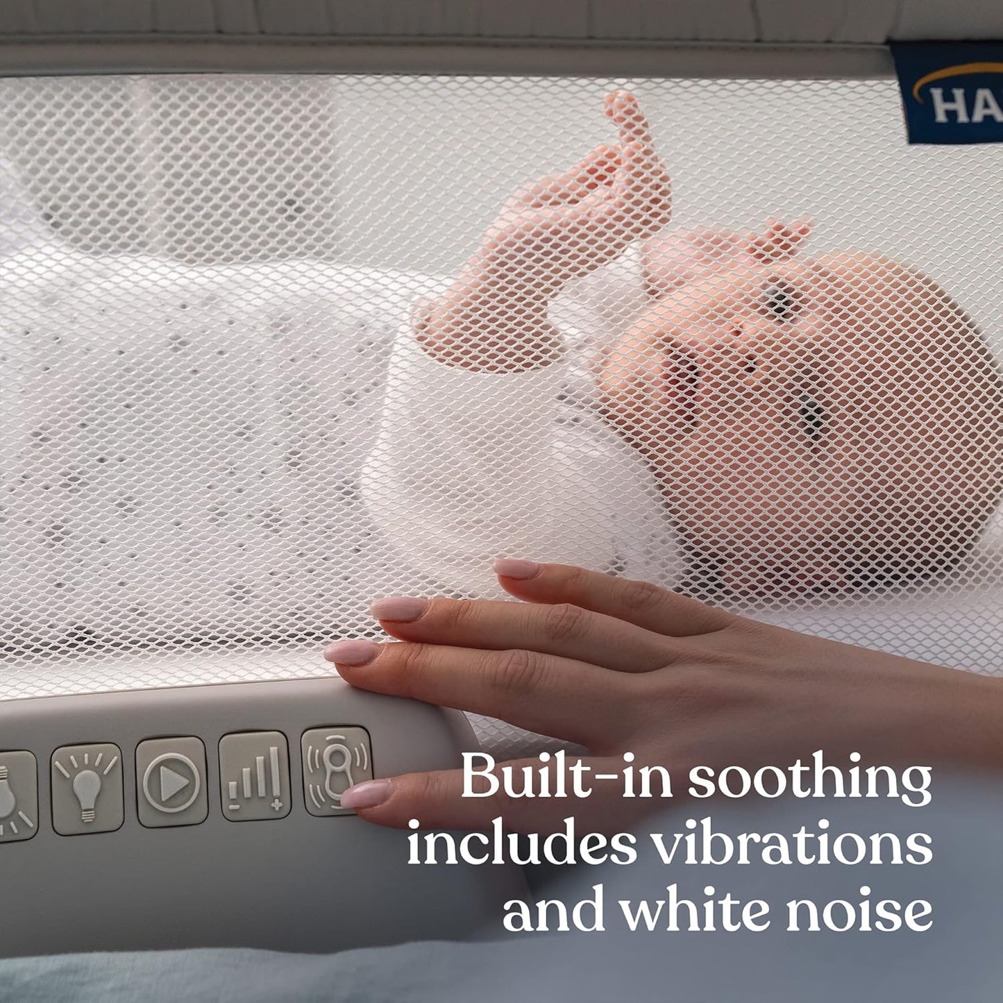 HALO BassiNest Soothing Swivel Sleeper 3.0S – Over-Bed Baby Bassinet with 360 Rotation, Adjustable Height, Breathable Mesh, Calm Sounds & Vibrations, Safe Close Sleeping, Lowering Wall for Easy Access