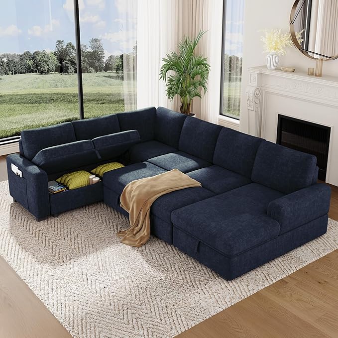 Vesgantti 113.6" Pull Out Sofa Bed with Chaise, 7 Seater U Shaped Sleeper Sofa with Storage Chaise, Comfy Chenille Modular Sectional Couch for Living Room, Bedroom, Apartment, Blue