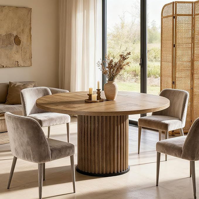 Tribesigns Round Dining Table for 4-6, 47-Inch Modern Circle Kitchen Table with Fluted Round Base, Farmhouse Wood Dinner Table for Dining Room, Kitchen, Living Room, Brown