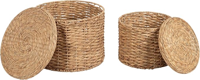 Kate and Laurel Halm Modern Woven Rattan Round Storage Side Tables, Set of 2, 20 x 17 and 16 x 14, Natural Rattan, Lift-Top End Tables for Use as Hidden Storage Baskets or Small Ottoman Tables
