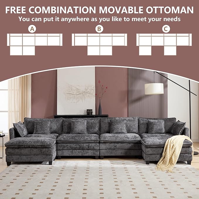 Plush Modular Cloud Sofa Set with Ottoman | L/U-Shaped Deep Seating Chenille Sectional for Family Living Room