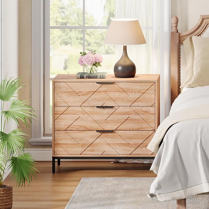 Tribesigns Wooden Nightstand with 3 Drawers, 31" Wide Night Stand with Metal Legs, Modern Large Bedside End Table for Bedroom, Living Room