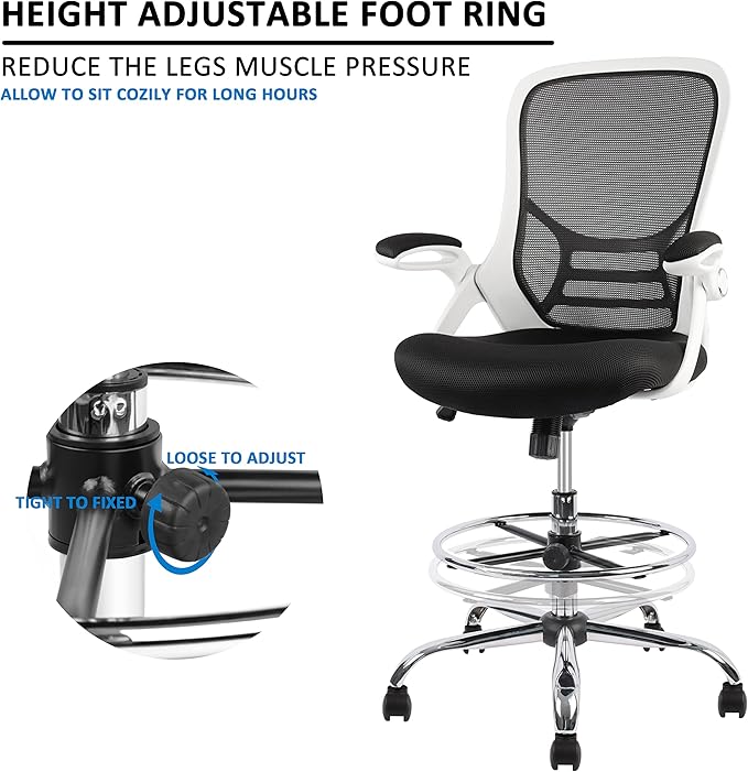 HYLONE Drafting Chair, Tall Office Chair Mesh Standing Desk Stool with Adjustable Foot Ring, Flip-Up Arms, White & Black