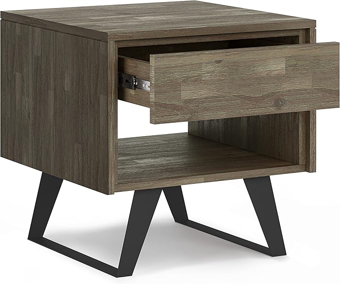 SIMPLIHOME Lowry SOLID ACACIA WOOD and Metal 22 Inch Wide Square Modern Industrial End Side Table in Distressed Grey, For the Living Room and Bedroom