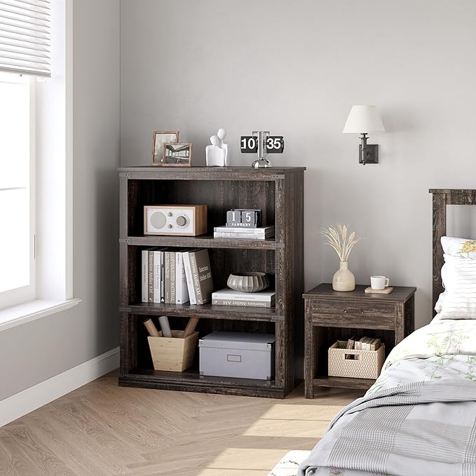IDEALHOUSE 3 Tier Bookcase, Farmhouse Book Shelf with Storage, Low Book Case Wooden 3 Shelf Bookcase for Home Office, Living Room, Bed Room (Oak, 40.0" H x 31.5" W x 12.2" D)
