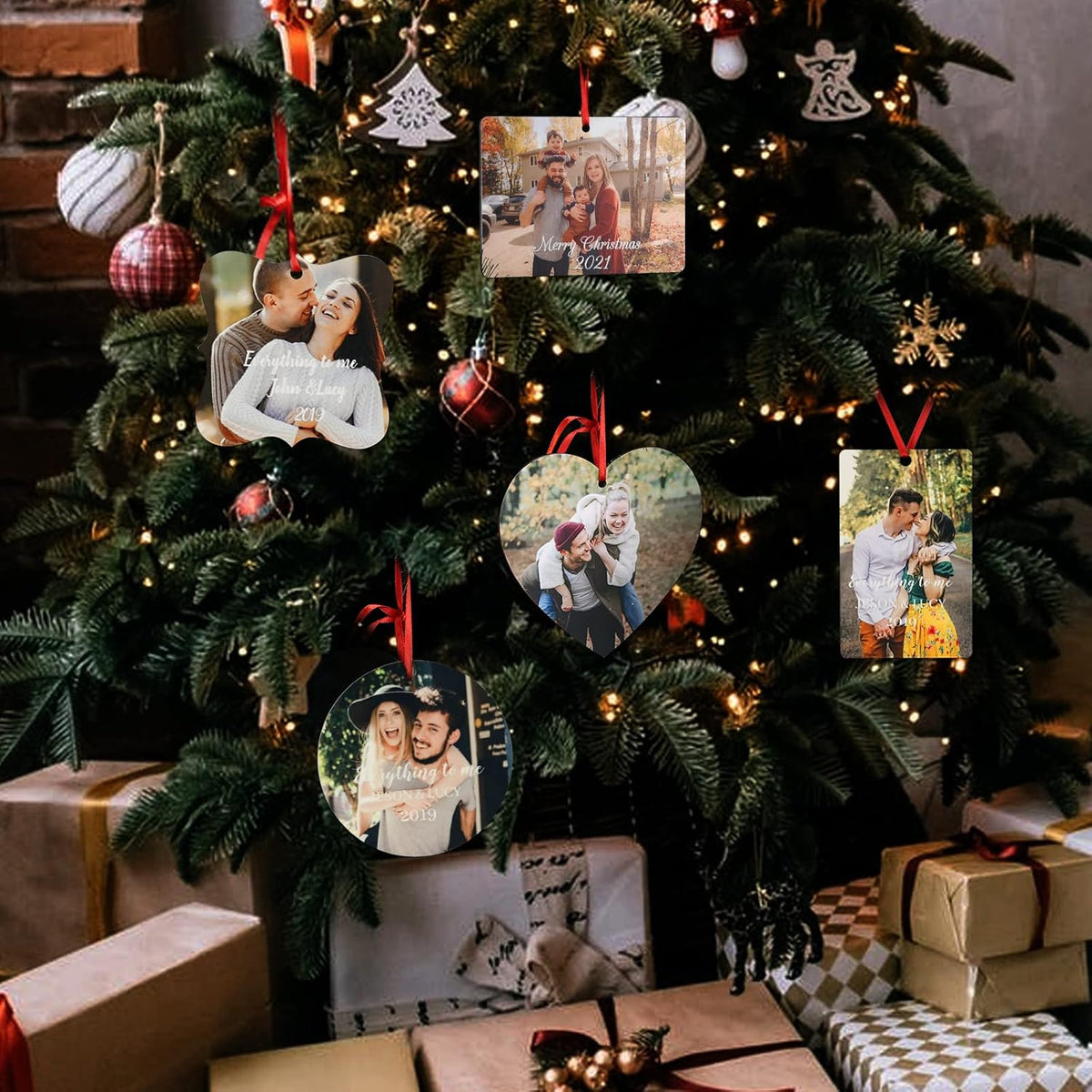 Gemszoo Personalized Picture Christmas Ornament, Custom Double Sided Photo Text Wooden Hanging Xmas Tree Keepsake Pendant Decoration Gift for Family (1, Heart)