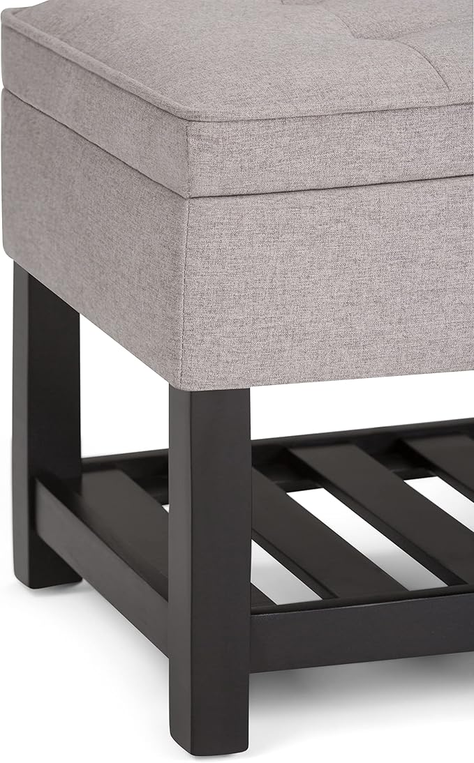 SIMPLIHOME Cosmopolitan Storage Ottoman Bench - 44 inch Wide Upholstered Linen Look Fabric Rectangle Storage Ottoman in Cloud Grey, Transitional Bench for Bedroom with Tufted Lift-Top and Open Shelf