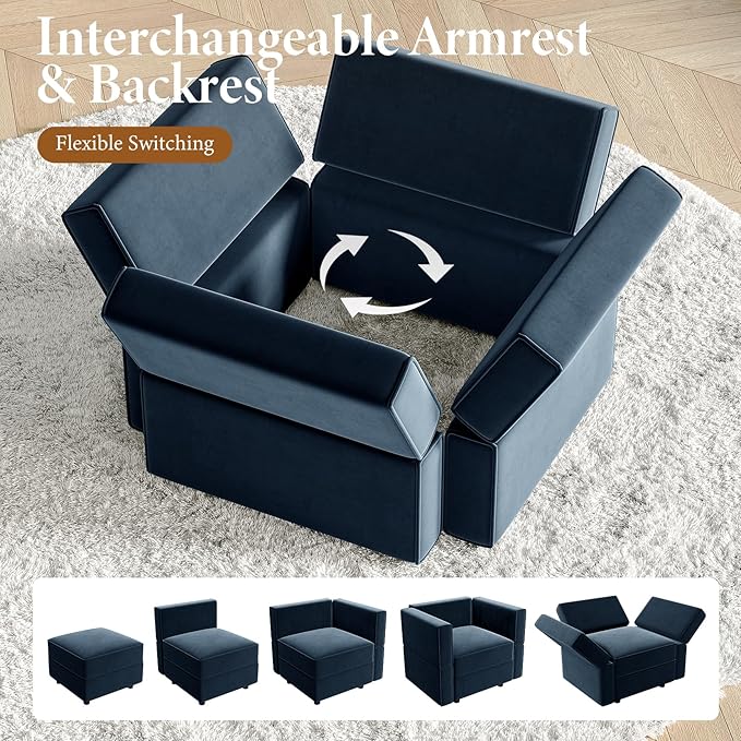 Vesgantti Sectional Couches with Storage Seats, 92" L Shaped Convertible Modular Sectional Sofa, 5 Seat & 1 Ottoman Velvet Storage Chaises Deep Seat Couch for Living Room, Bedroom, Apartment, Blue