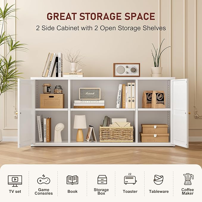 Metal TV Stand for 65 Inch TV, Farmhouse TV Entertainment Center with Storage Cabinets and Adjustable Shelves, Modern Media TV Console Table, TV Cabinet for Living Room, White