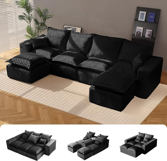 137" Comfy Cloud Couch with U-Shape Chaise & Deep Seat, Modular Sectional Sofa in a Box, Boneless Upholstered Couches for Living Room, No Assembly Required (Soft Corduroy, Black)