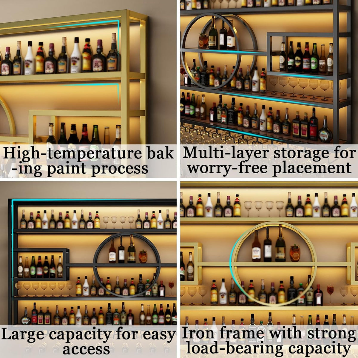 63in Wall Mounted Wine Rack, Modern Metal Wine Bottle and Glass Holder, Iron Display Stand Decorative Wine Rack, for Bar Living Room Dining Room Background (Gold, 63 * 8 * 51INCHES)
