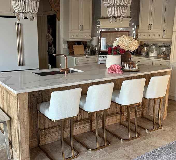 MAISON ARTS Off White & Gold Counter Height Bar Stools with Back Set of 6 for Kitchen Counter 24 Inch Modern Upholstered Faux Leather Barstools Farmhouse Bar Chairs Luxury Island Stools Support 330LBS