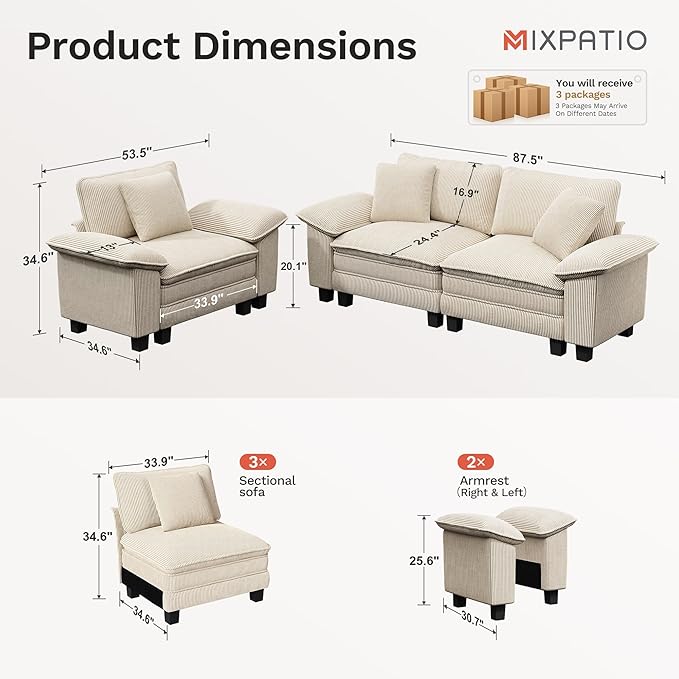 L-Shaped Cloud Modular Sofa Set with Chaise, Deep Seat 3-Piece Sectional & Removable Arms, Plush Corduroy for Living Room - Beige