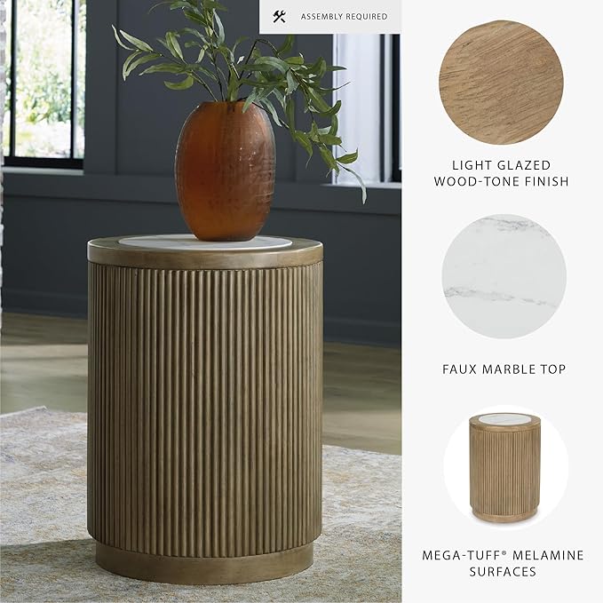 Signature Design by Ashley Camdill Round End Table, Scratch & Stain Resistant, Faux Marble Top, Hardwood Solids, 18.13" W x 18.13" D x 23.75" H, Light Brown & White