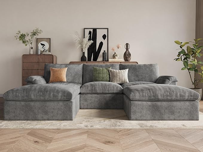 EASE MOOSE Oversized Cloud Couch Sectional Sofa, U-Shaped Modular Couch for Living Room, Minimalist Boneless Convertible Couches with Ottoman, 5-Seat Deep Sofas for Bedroom, Chenille (Grey)