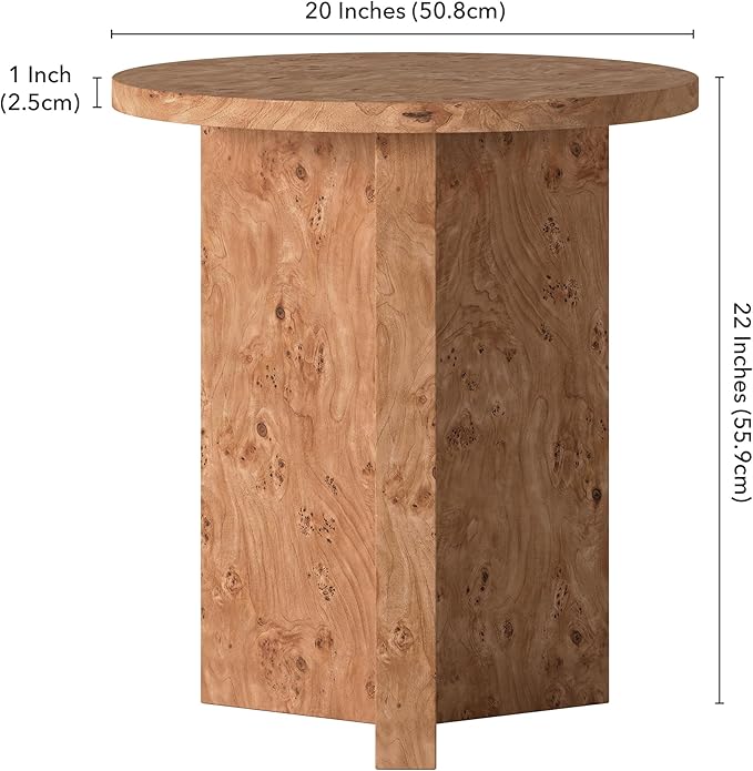 Henn&Hart 20" Scandinavian Round Wooden End Table, Side Table, Nightstand with X-Base for Living Room, Office, Family Room, or Bedroom, Honey Burl
