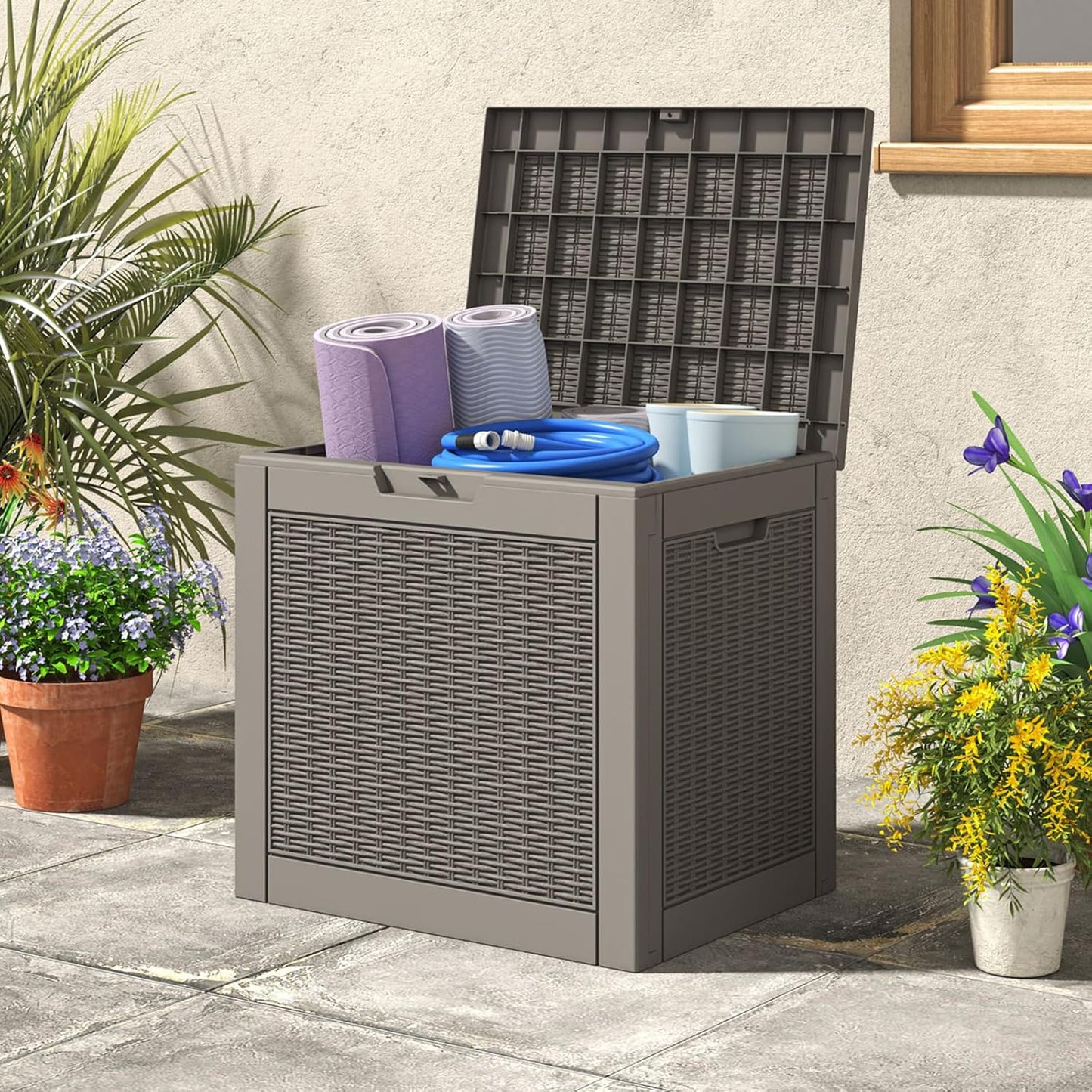 31 Gallon Deck Box, Resin Outdoor Storage Box, Waterproof and UV Resistant Deck Box, Lightweight Storage Box for Garden Tools, Pool Supplies