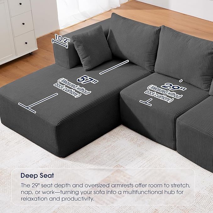 KINGYES 107'' Modular Sectional Sofa, L Shaped Cloud Couch for Living Room, Modern Boneless Sofa with Chaise for Bedroom, Gray