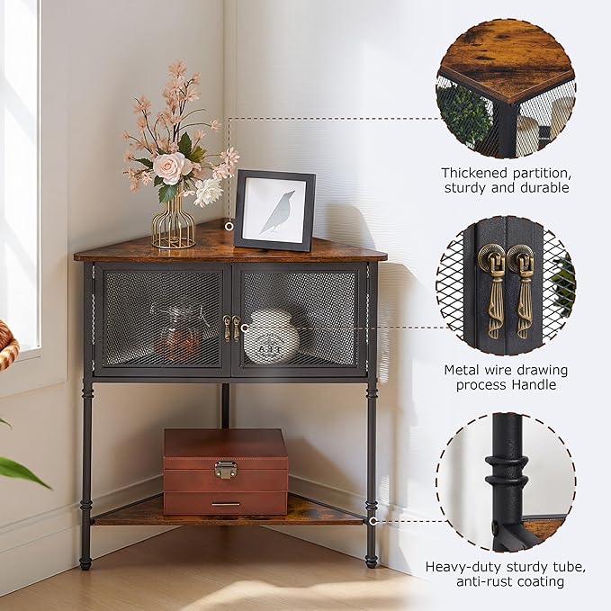 VECELO 3 Tier Corner Cabinet,Corner Table Shelf with Storage Cabinet,Industrial Metal Frame and Wood Shelves Organizer for Small Spaces in Living Room/Bedroom/Kitchen