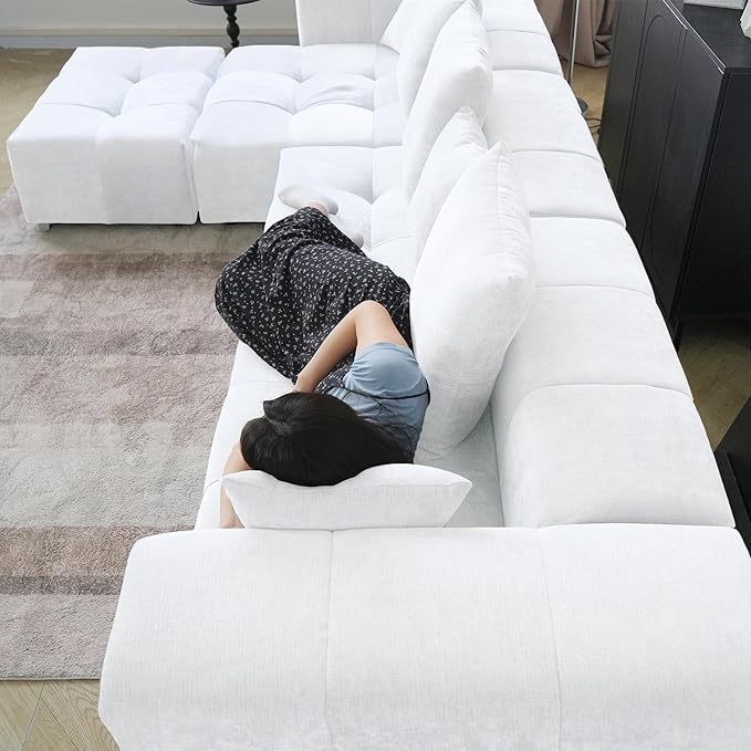 WJShome 158" Oversized Modular Sectional Sofa, L Shaped Couch with Ottoman,Sectional Couches for Living Room,Large Linen Deep Seat with Pillow Couches for Home,Spacious Space,White