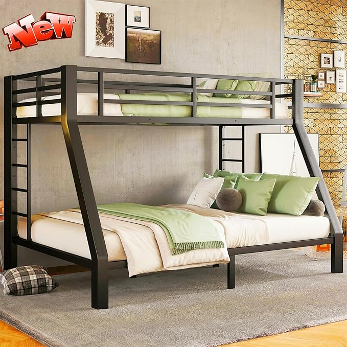 Higher Quality & Stronger Metal Twin XL Over Queen Bunk Bed, Thickened Heavy Duty More Stable Safer Black Steel Bunkbed Bunk Queen Bed (Easier to Assemble) (Twin XL Over Queen)