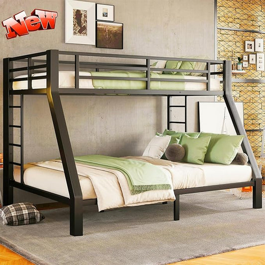 Higher Quality & Stronger Metal Twin XL Over Queen Bunk Bed, Thickened Heavy Duty More Stable Safer Black Steel Bunkbed Bunk Queen Bed (Easier to Assemble) (Twin XL Over Queen)