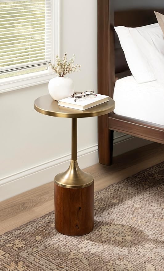 Kate and Laurel Whelan Modern Metal Round Side Table, 14 x 14 x 24, Antique Brass and Walnut Brown, Transitional Sculptural Indoor Plant Stand for Living Room End Table or Bedroom Nightstand