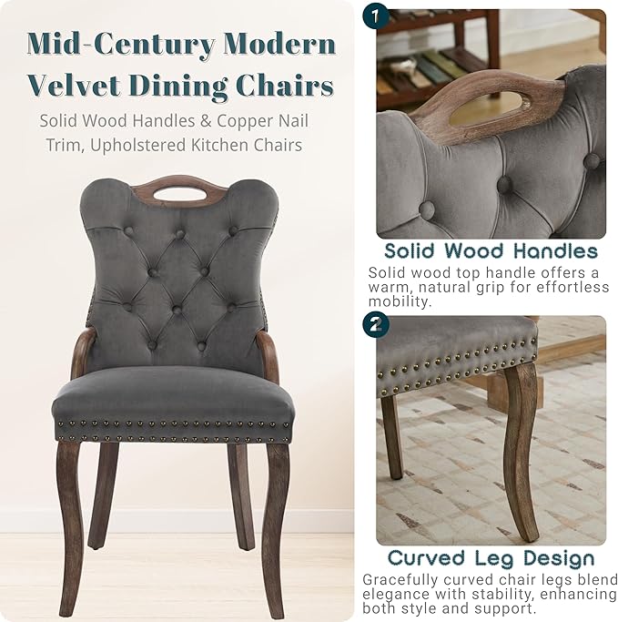 Velvet Dining Chairs Set of 6, Solid Wood Handles, Wooden Upholstered Dining Chair, Vintage Copper Nail Decoration, Mid Century Modern Kitchen Chair (Grey, Set of 6)