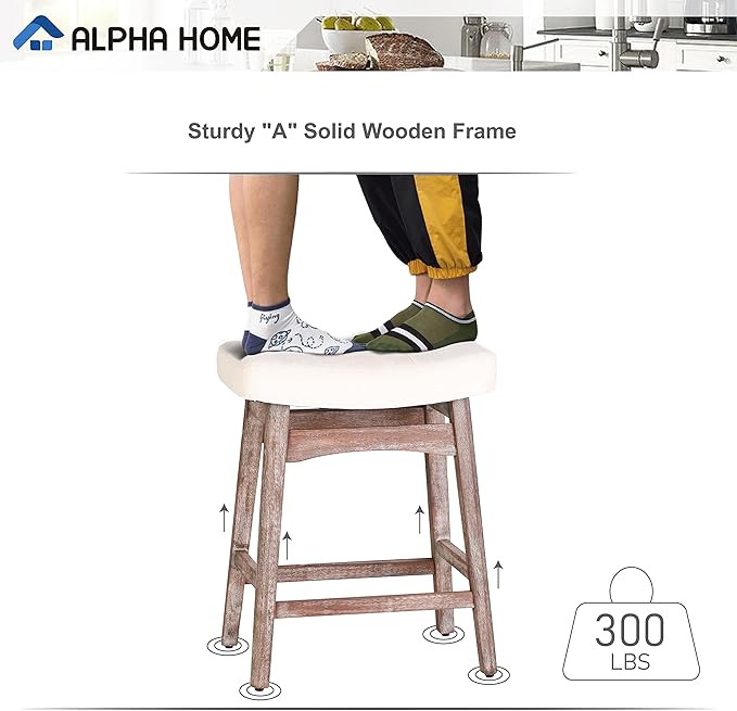 ALPHA HOME Bar Stool, Solid Wood Saddle Kitchen Stool with Beige Linen Fabric Cushion Counter Height Barstool with Vintage Farm Wooden Base for Kitchen Dining Cafe, 24 Inch, Beige, 1PC