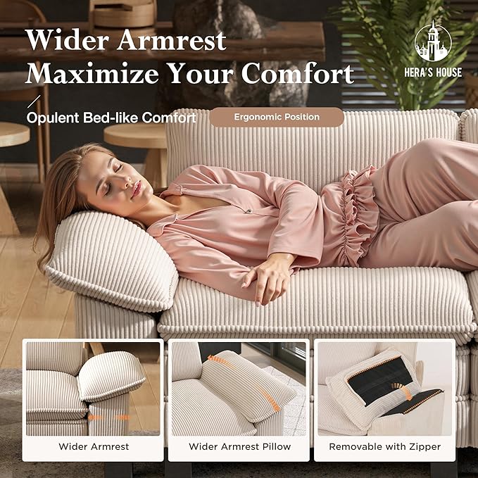 HERA'S HOUSE 158" Modular Sectional Sofa, Oversized Couches for Living Room, Comfy Cloud Couch 4-Seater Deep Seat Sofa with Throw Pillow, Corduroy Beige
