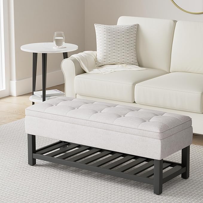 SIMPLIHOME Cosmopolitan Storage Ottoman Bench - 44 inch Wide Upholstered Linen Look Fabric Rectangle Storage Ottoman in Cloud Grey, Transitional Bench for Bedroom with Tufted Lift-Top and Open Shelf