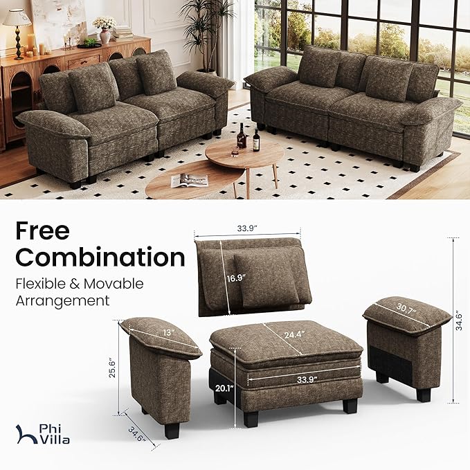 PHI VILLA Cloud Modular Couches Sets, 2 Pieces Sectional Loveseat Sofa Set, 4-Seater Comfy Couch for Living Room Apartment, Chenille Fabric, Taupe