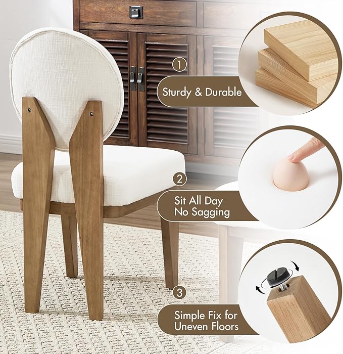 Mid-Century Modern Walnut Dining Chairs Set of 4, Vintage White Wooden Kitchen Chairs, Retro Upholstered Linen Cushioned Seat with Curved Backrest, Armless Accent Side Chair for Bedroom