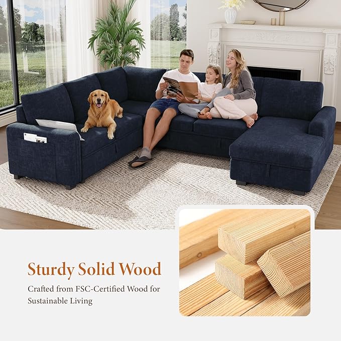 Vesgantti 113.6" Pull Out Sofa Bed with Chaise, 7 Seater U Shaped Sleeper Sofa with Storage Chaise, Comfy Chenille Modular Sectional Couch for Living Room, Bedroom, Apartment, Blue