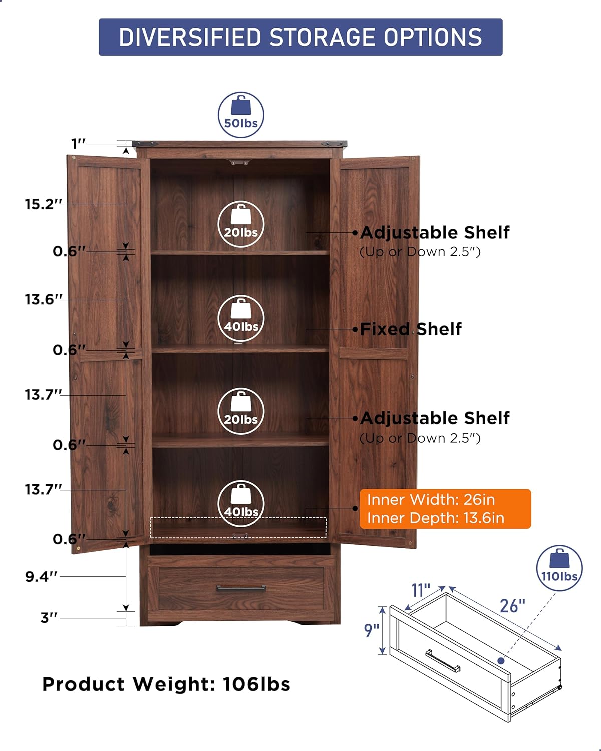 72" Tall Wood Storage Cabinet, Farmhouse Kitchen Pantry Cabinet with Adjustable Shelves & Drawer & Barn Doors, Versatile Storage for Kitchen, Dining Room, Bathroom, Brown