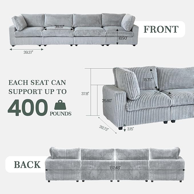 Modular Sectional Couches for Living Room, 157.48" Oversized Cloud Couch, 4 Deep Seat Comfy Modular Sofa for Home, Plush Sofa Cushion Covers Removable, Gray