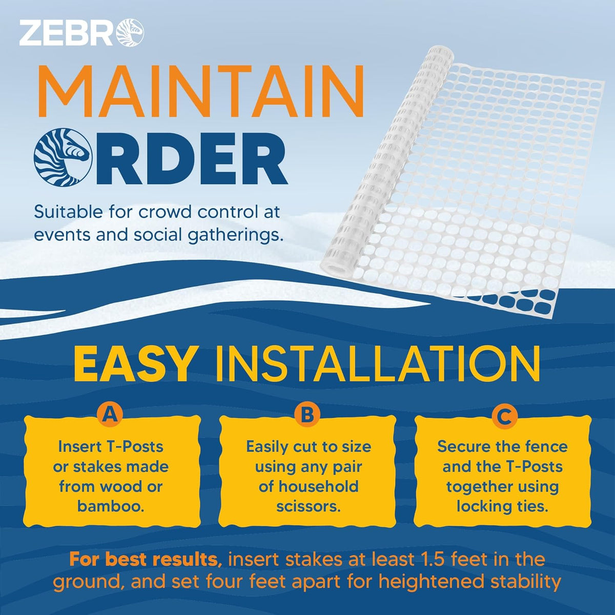 ZEBRO 4' x 50' White Plastic Garden Fence Roll – Standard Duty Safety Netting for Snow, Poultry, Deer, Dogs – Reusable Outdoor Barrier for Yard, Landscaping, Animal Protection