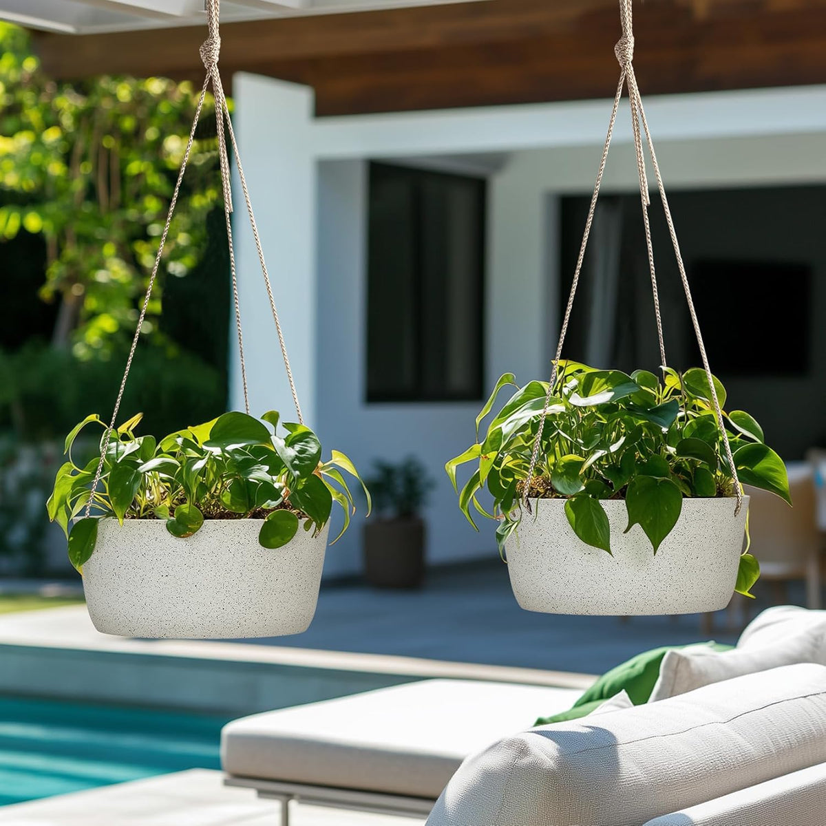 La Jolie Maison Large Hanging Planters - 12 Inch Outdoor Flower Pots, Hanging White Planters Set of 2