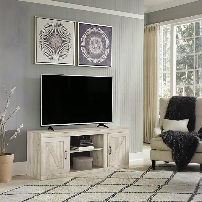 Signature Design by Ashley Bellaby Farmhouse Large TV Stand up to 60" with 3 Adjustable Shelves and Fireplace Option, White