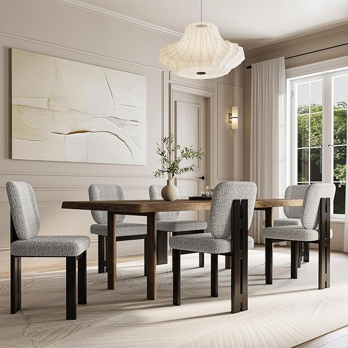 Modern Boucle Dining Chairs Set of 2, Farmhouse Sherpa Upholstered Wooden Kitchen Chairs with Back, Side Armless Dining Room Chairs with Brown Wood Legs for Kitchen Restaurant, Gray