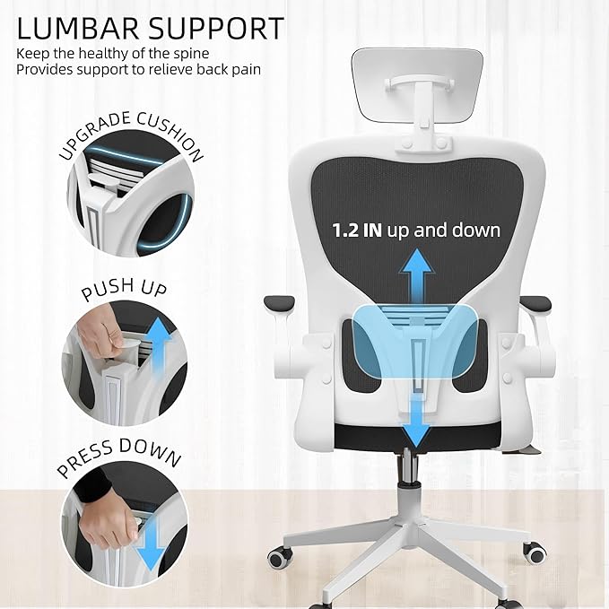 Ergonomic Office Chair, High-Back Mesh Computer Desk Chair with Adjustable Height, Lumbar Support, Flip-Up Armrests,headrest，and Swivel Rolling Design for Home and Office Use