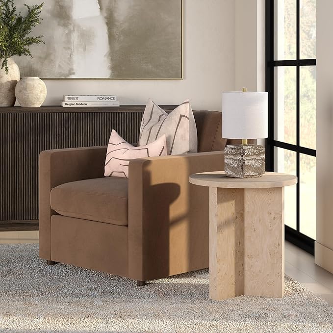 Henn&Hart 20" Scandinavian Round Wooden End Table, Side Table, Nightstand with X-Base for Living Room, Office, Family Room, or Bedroom, Blond Burl