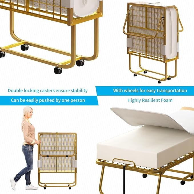 Mjkone Folding Bed with 5" Memory Foam Mattress & Upgraded 75x31 Frame Single Portable Guest Bed, Space-Saving Design, Lockable Wheels for Easy Moving, Quick Assembly & Compact Storage