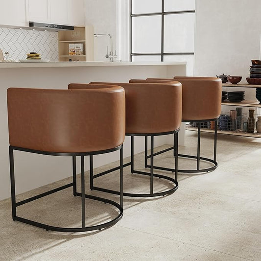 PU Leather Bar Stools Set of 3, Modern Upholstered Counter Height Bar stools 24" Leather Barstools Barrel Kitchen Counter Island Stools with Black Metal Base, Brown