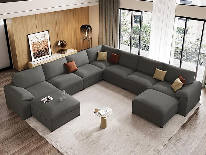 EASE MOOSE Oversized U Shaped Couch,Modular Sectional Convertible Sofa with Wide Deep,Extra Large Faux Leather Scratch Resistant Modern Couch for Big Spaces,Grey