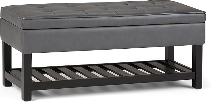 SIMPLIHOME Cosmopolitan Storage Ottoman Bench - 44 inch Wide Upholstered Vegan Leather Rectangle Storage Ottoman in Stone Grey, Transitional Bench for Bedroom with Tufted Lift-Top and Open Shelf