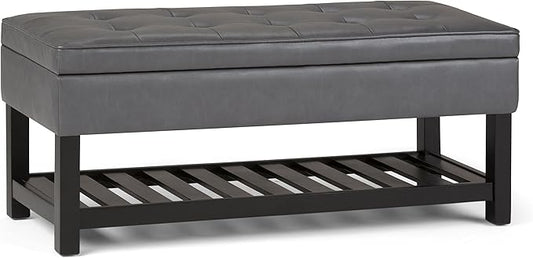 SIMPLIHOME Cosmopolitan Storage Ottoman Bench - 44 inch Wide Upholstered Vegan Leather Rectangle Storage Ottoman in Stone Grey, Transitional Bench for Bedroom with Tufted Lift-Top and Open Shelf