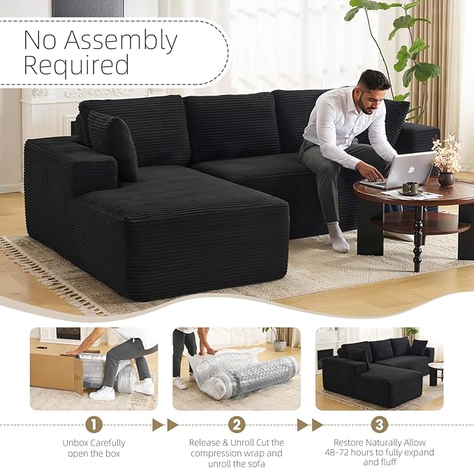 107" Boneless Couch, Sectional Couchs for Living Room & Bedroom, Cloud Couch with L-Shape Chaise Modern Modular Sofa with Deep Seat, No Assembly Required (Jet Black)